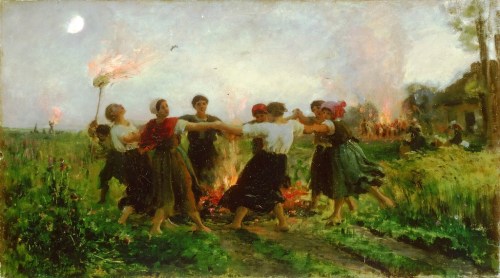 pintura. revetlla de sant joan al voltant del foc més clara