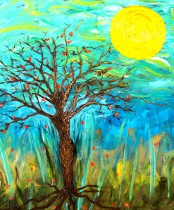 pintura dibuix arbre sol a la tardor 000