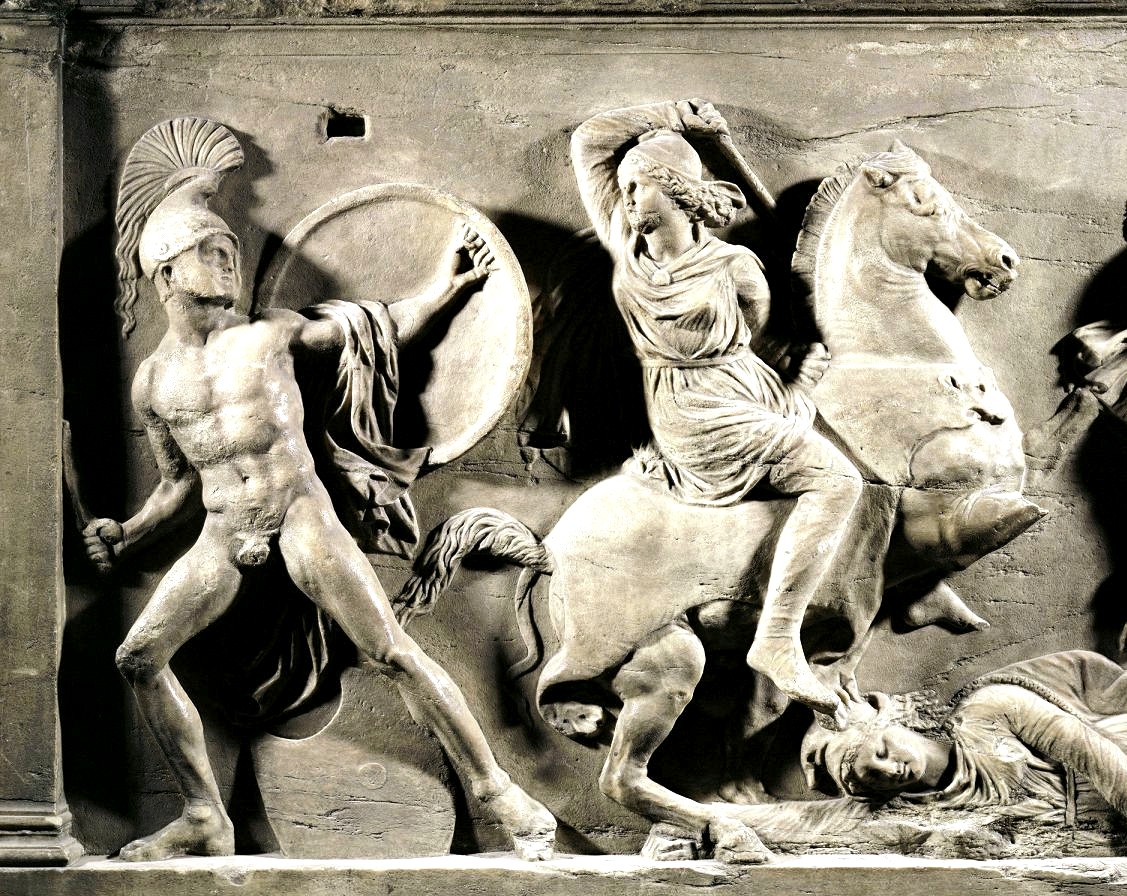 fris antic amb dona lluitant amb guerrer